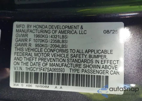 2025 Honda Accord Se из США, поврежденный, VIN 1HGCY1F47SA065593